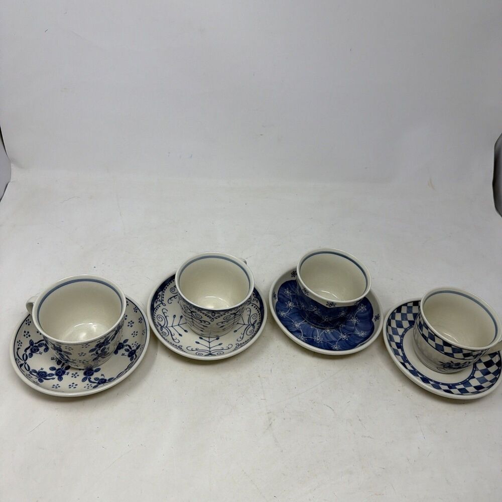 Taisei Cup Saucer Set of 4 Vintage Japan Japanese Handmade Blue White